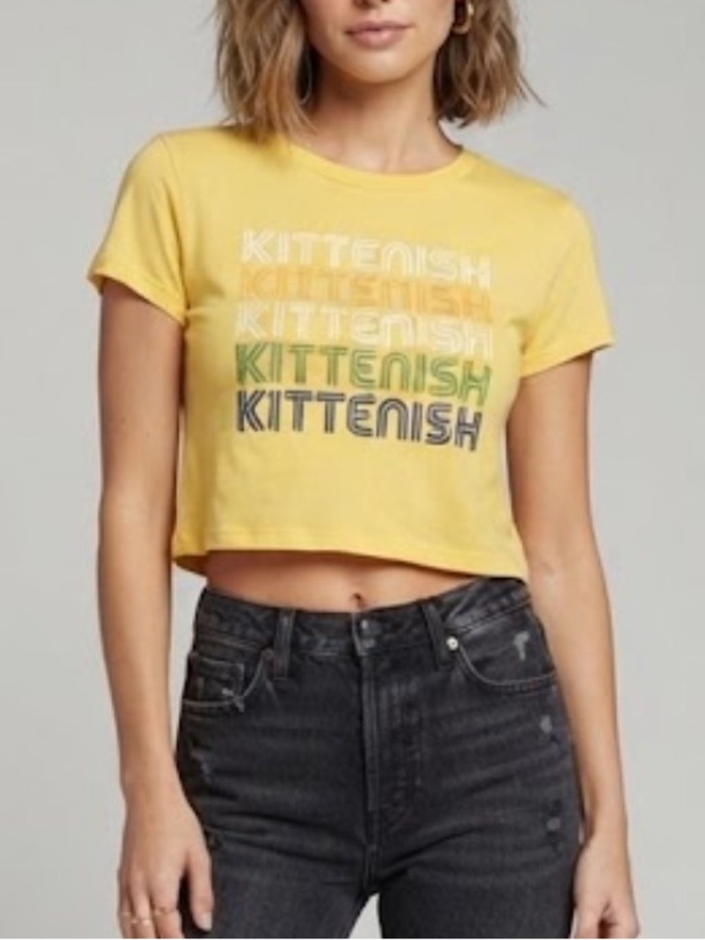 KITTENISH Yellow Logo Graphic Crop Top Large NWOT